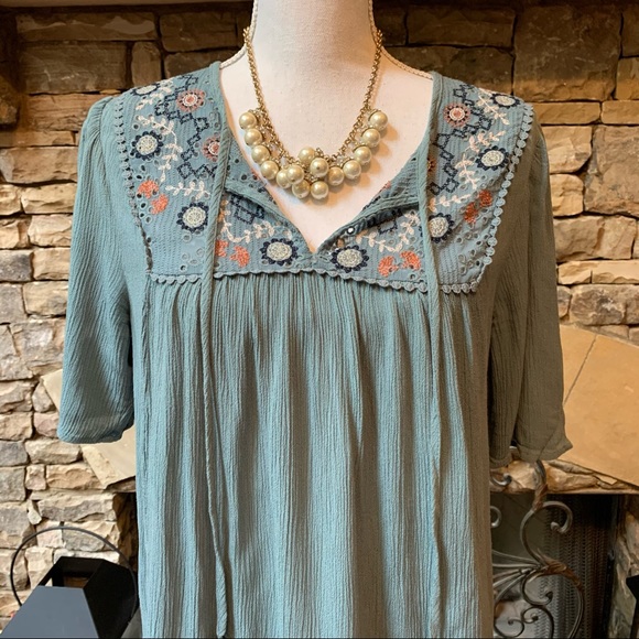 Knox Rose Boho Embroidered Tassel Tie Blouse Small - Picture 2 of 10
